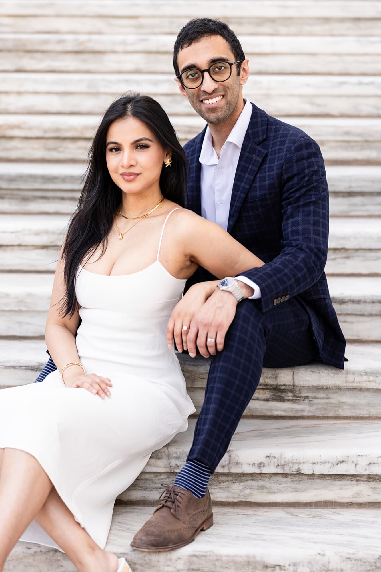 Editorial couple portrait on the steps, black and white, Toronto