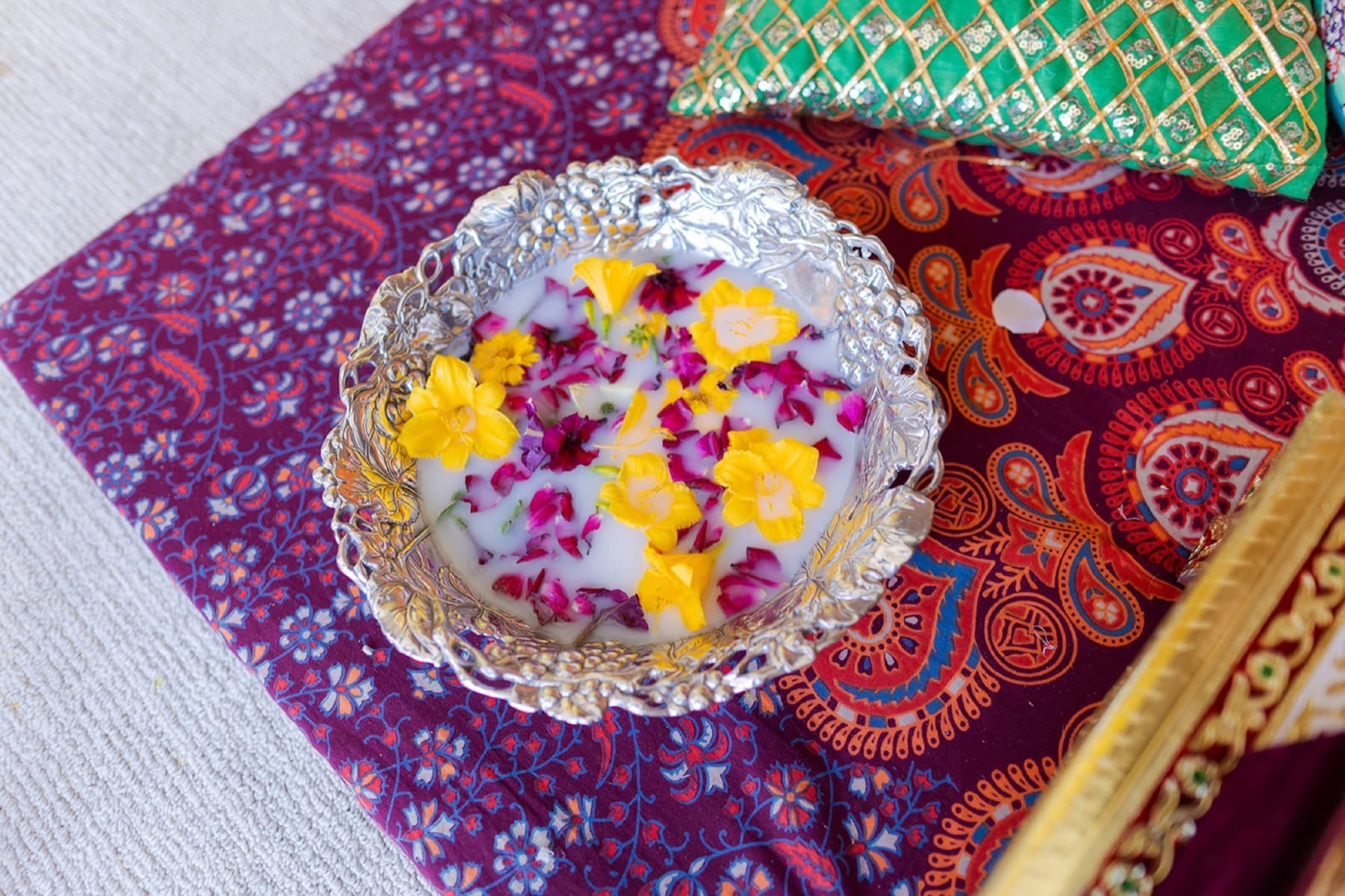 Haldi thali with flowers and diyas, Toronto South Asian wedding