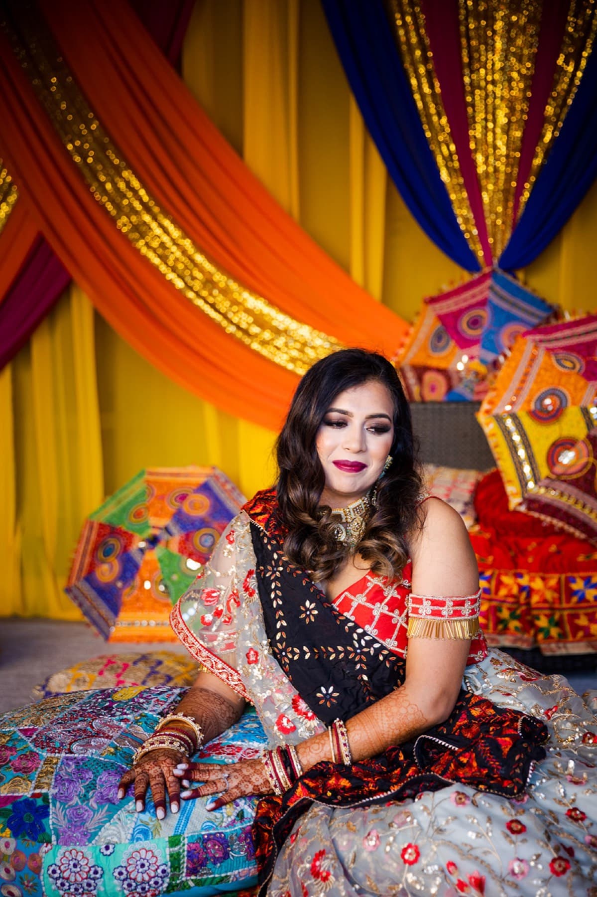 Bride against the colourful mehndi night backdrop, GTA
