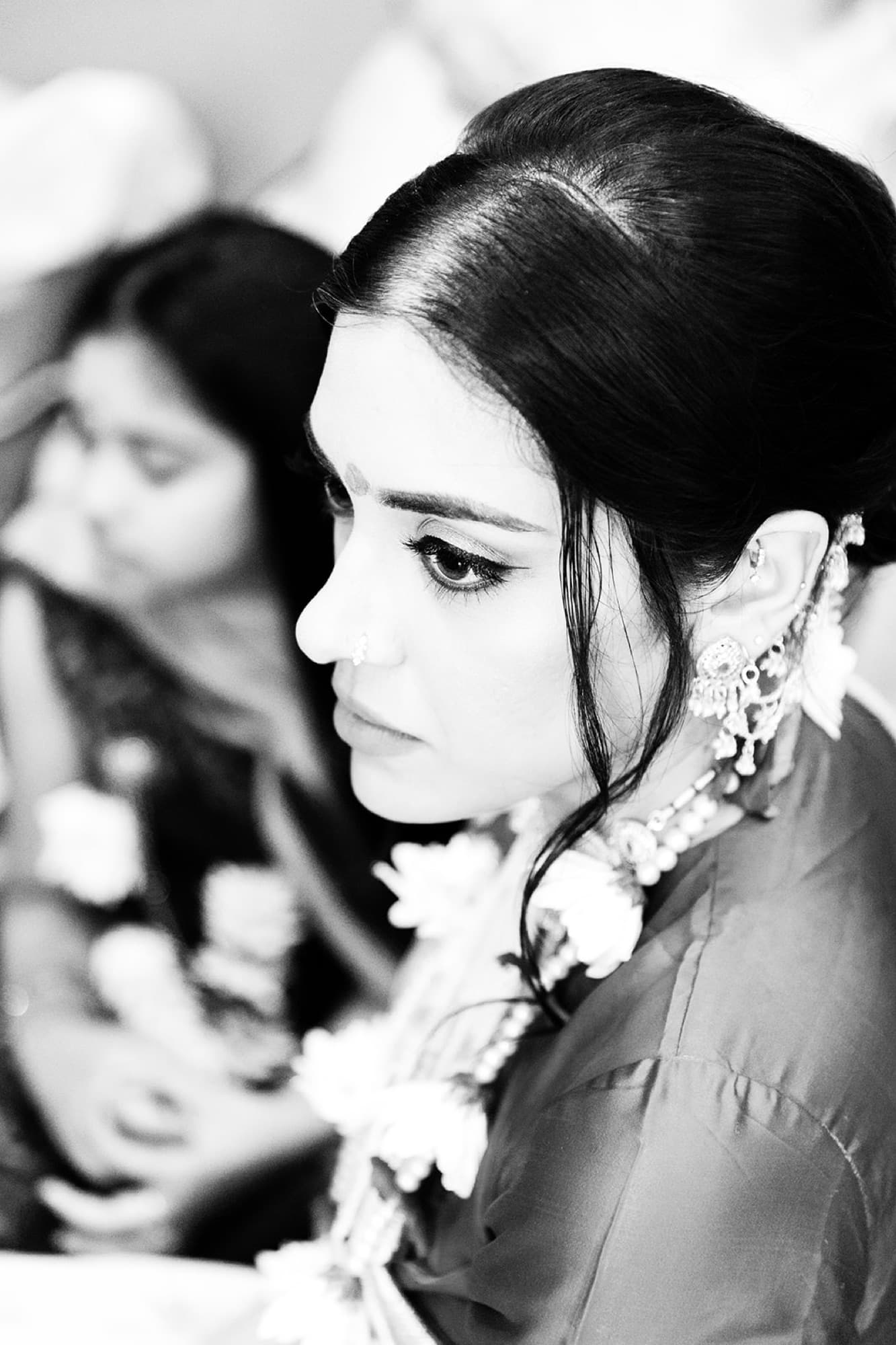Bridal profile with flower, black and white, at the haldi, Toronto