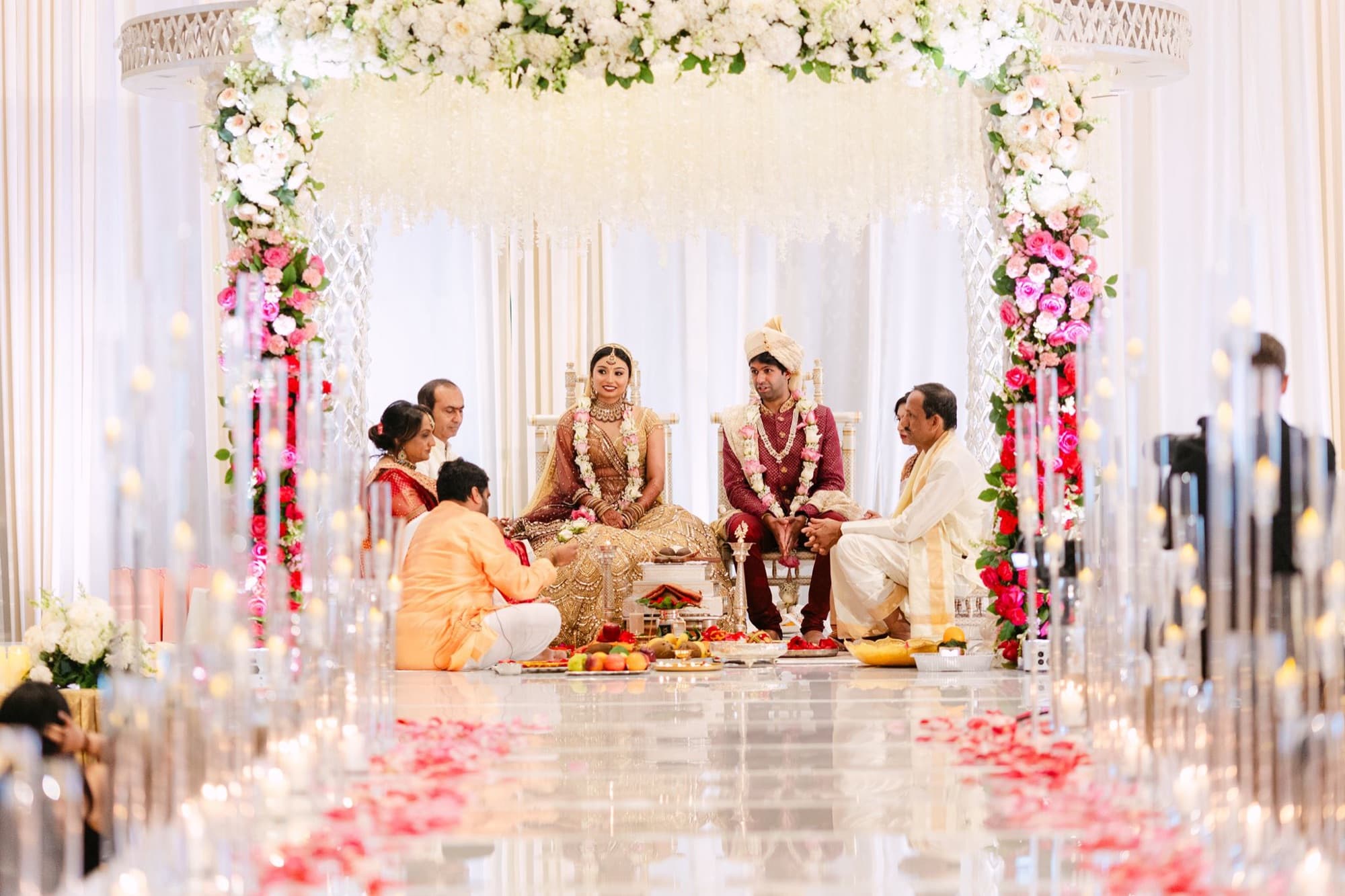 Petal-lined aisle to the mandap, Toronto wedding ceremony