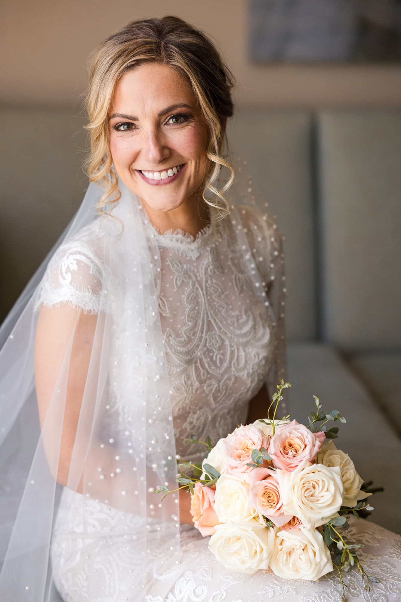 Bridal veil portrait in window light, Toronto wedding