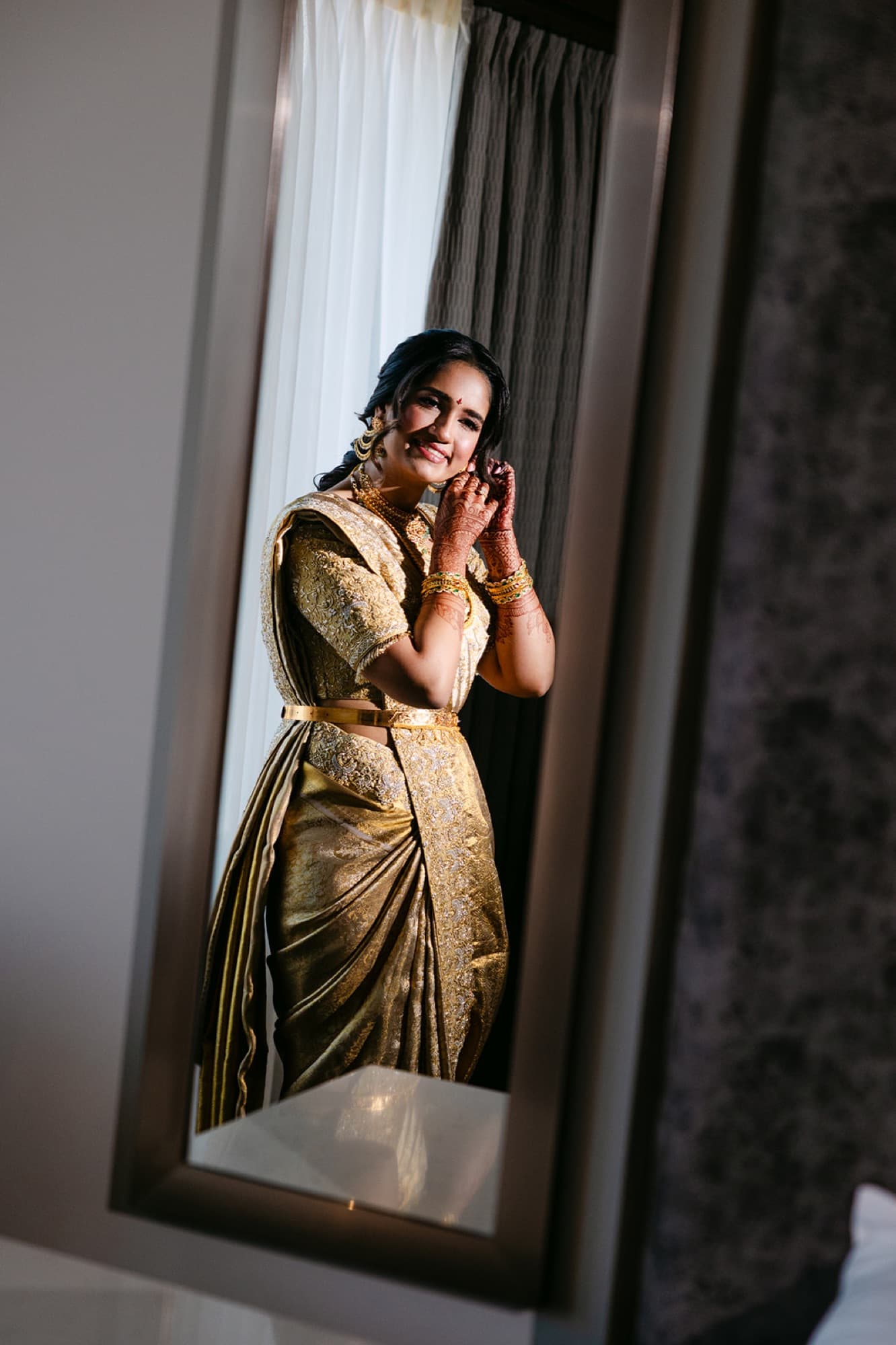 Bride in a gold saree, glamour portrait, Toronto