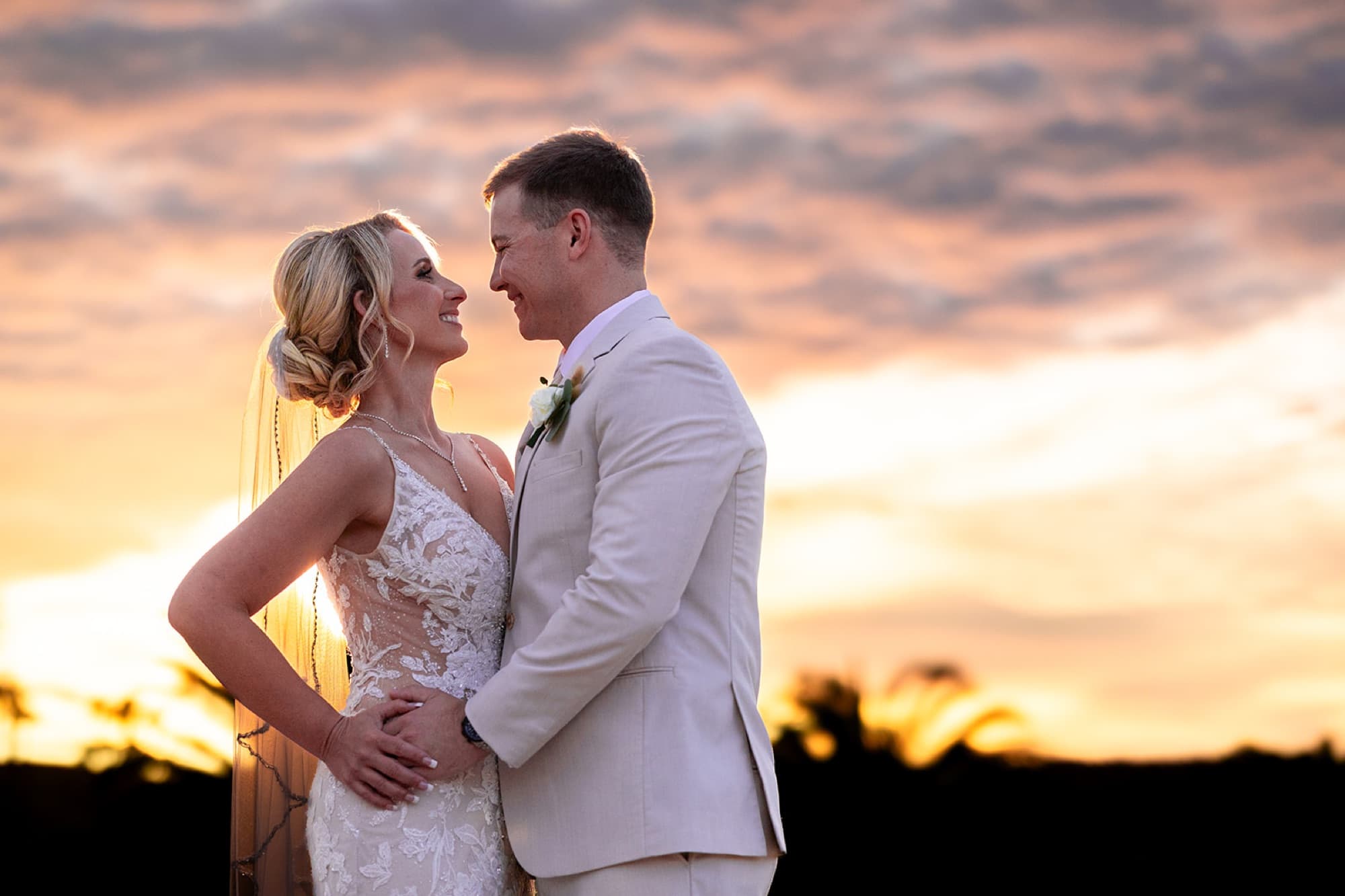 Couple in golden sunset light after the ceremony, Toronto