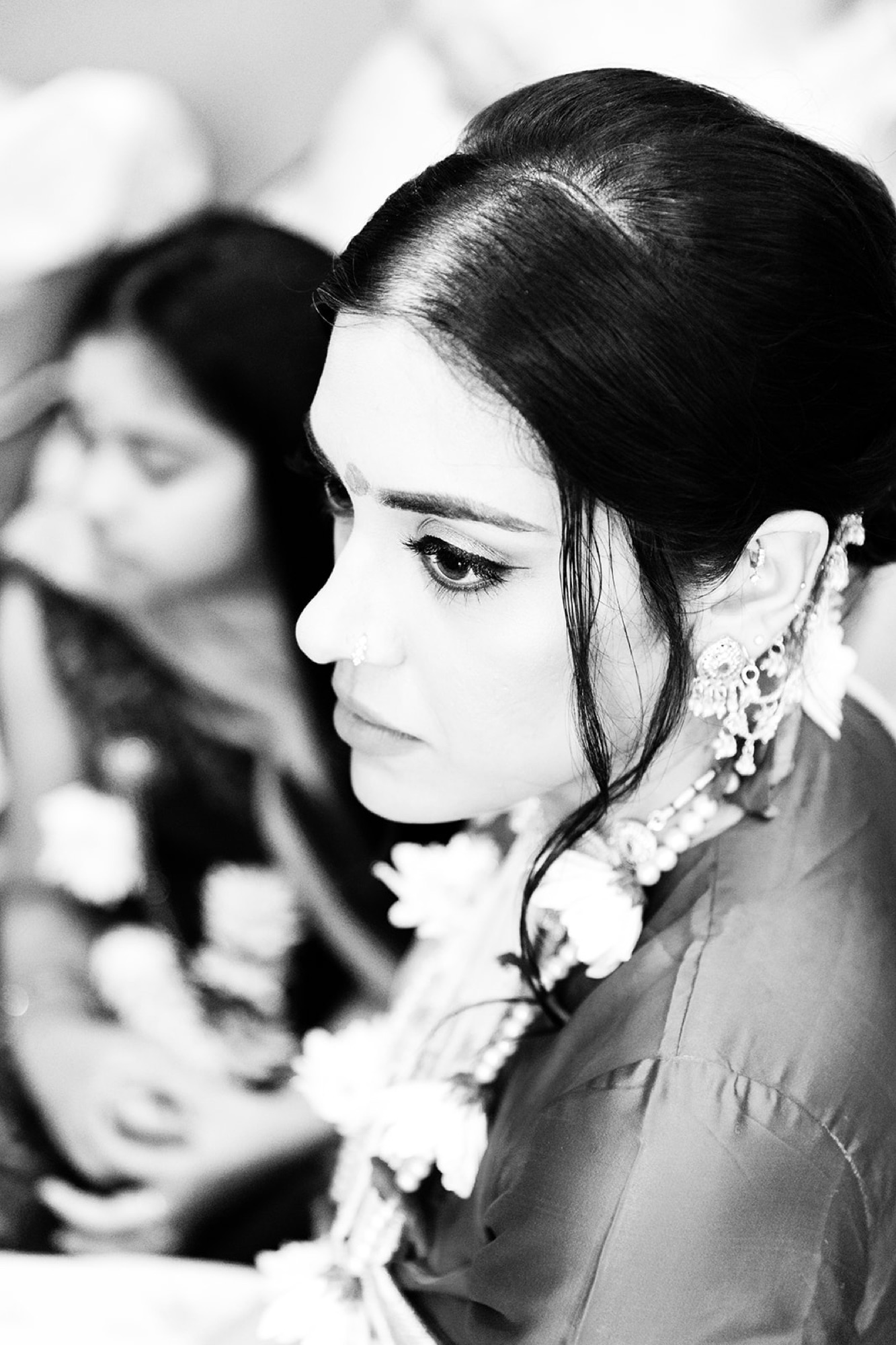 Bridal profile with flower, black and white, at the haldi, Toronto